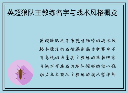 英超狼队主教练名字与战术风格概览