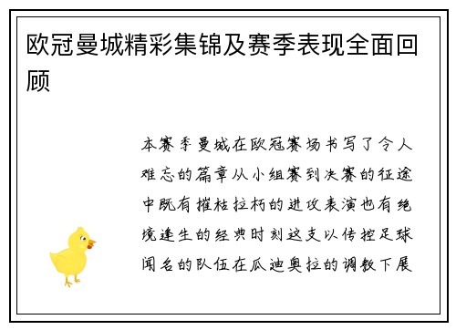 欧冠曼城精彩集锦及赛季表现全面回顾