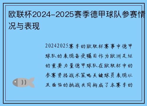 欧联杯2024-2025赛季德甲球队参赛情况与表现